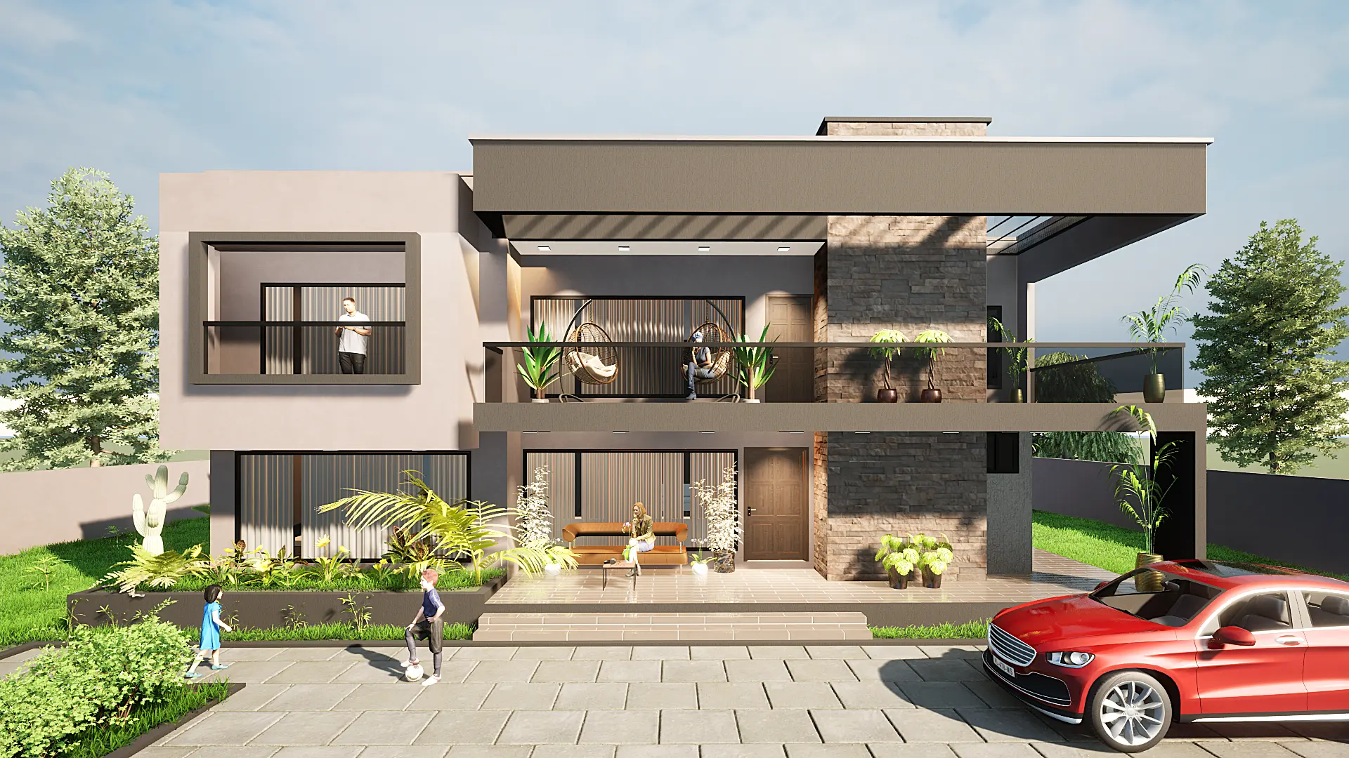 Modern two-story house with contemporary design, stone and concrete elements, balcony with hanging chairs