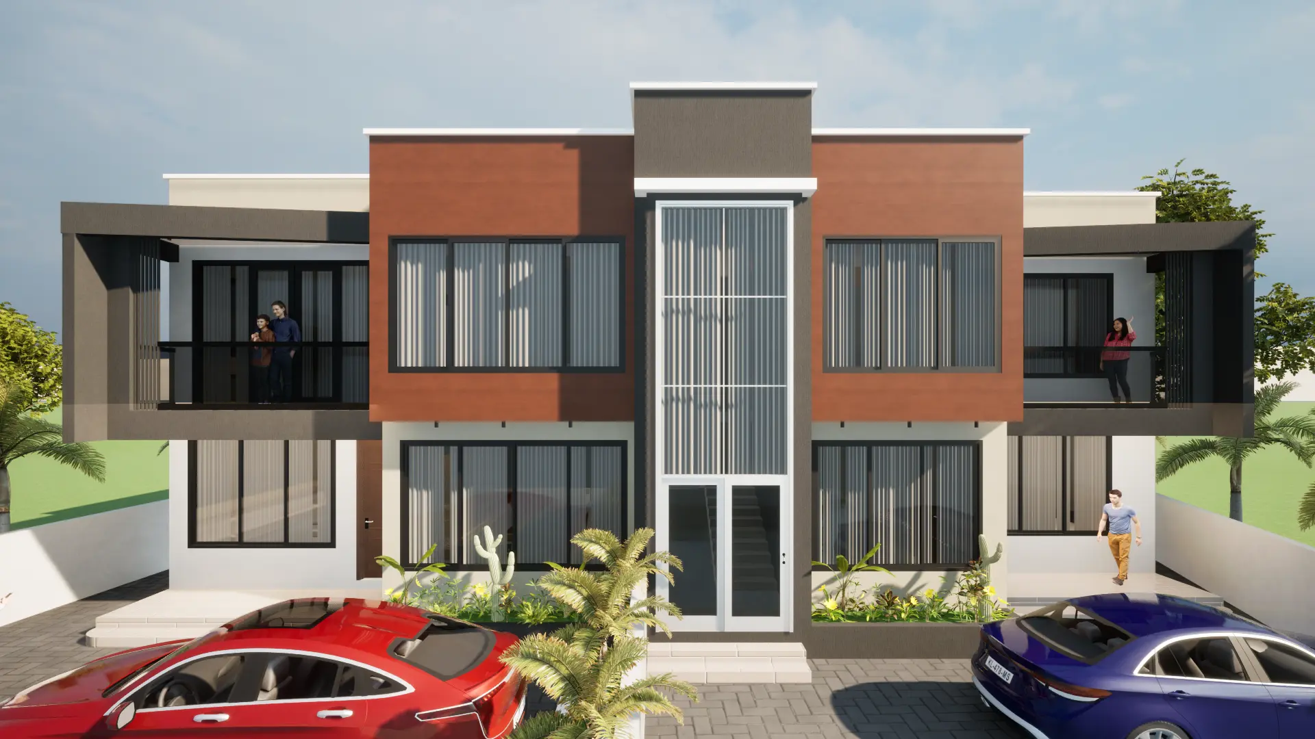 Colorful modern townhouse complex with orange and beige facades, multiple units