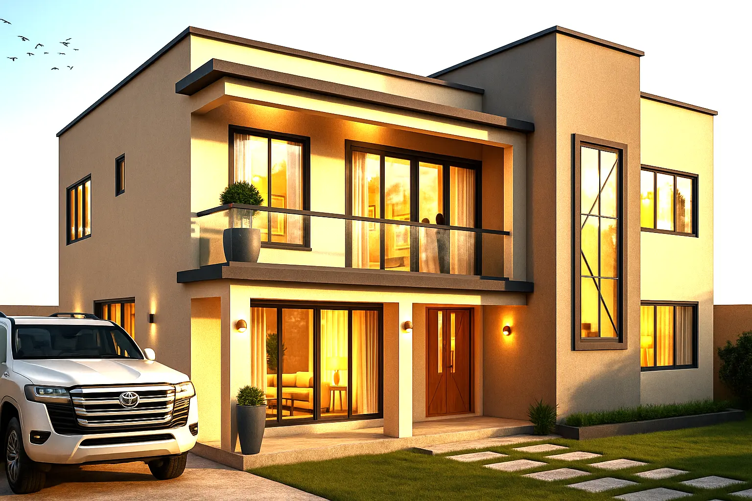 Warm evening shot of modern house with large windows and welcoming entrance