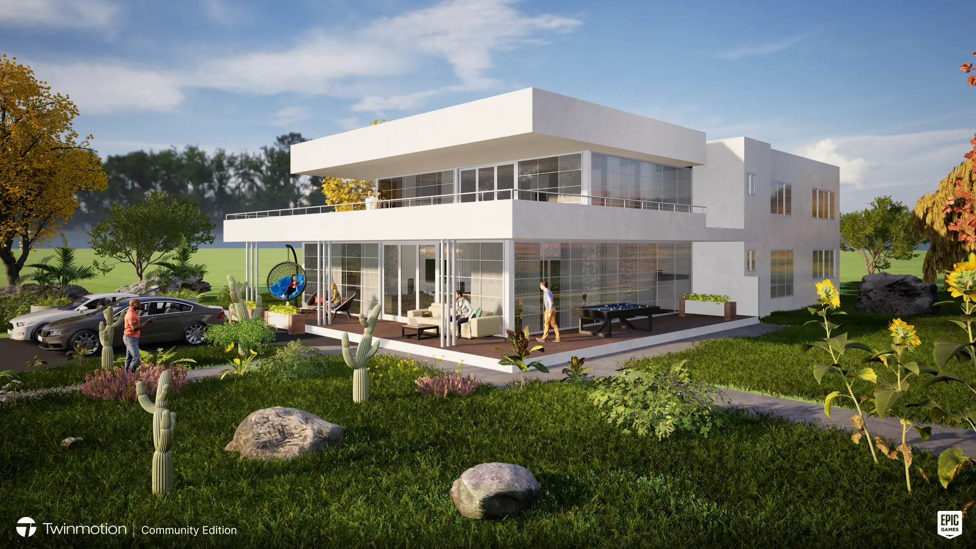 Modern minimalist house with large glass windows, outdoor entertainment area, desert landscaping