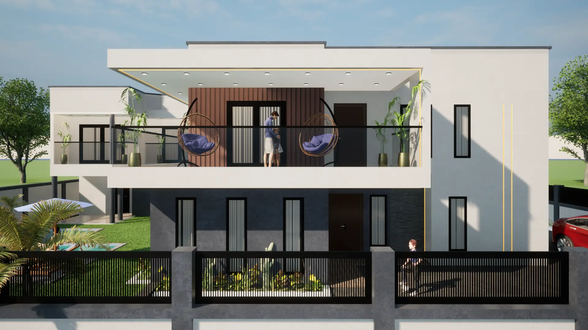 Contemporary house with wood cladding accents, hanging egg chairs on balcony, front view