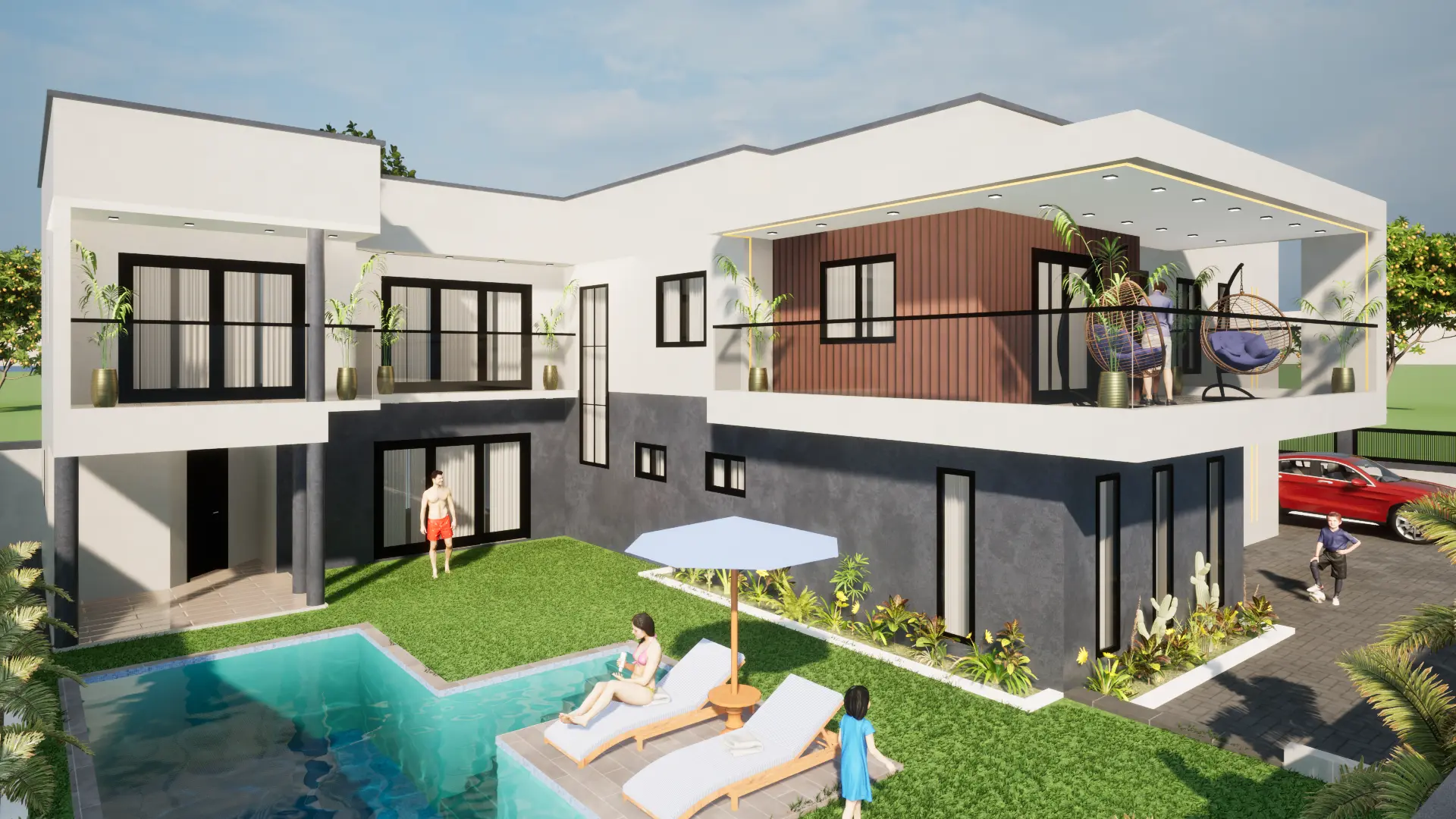 Luxury modern house with pool, multiple levels, outdoor living spaces