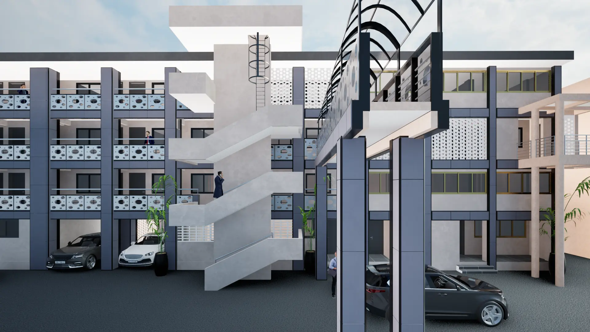 Modern apartment/commercial complex with geometric design, parking areas, multiple levels